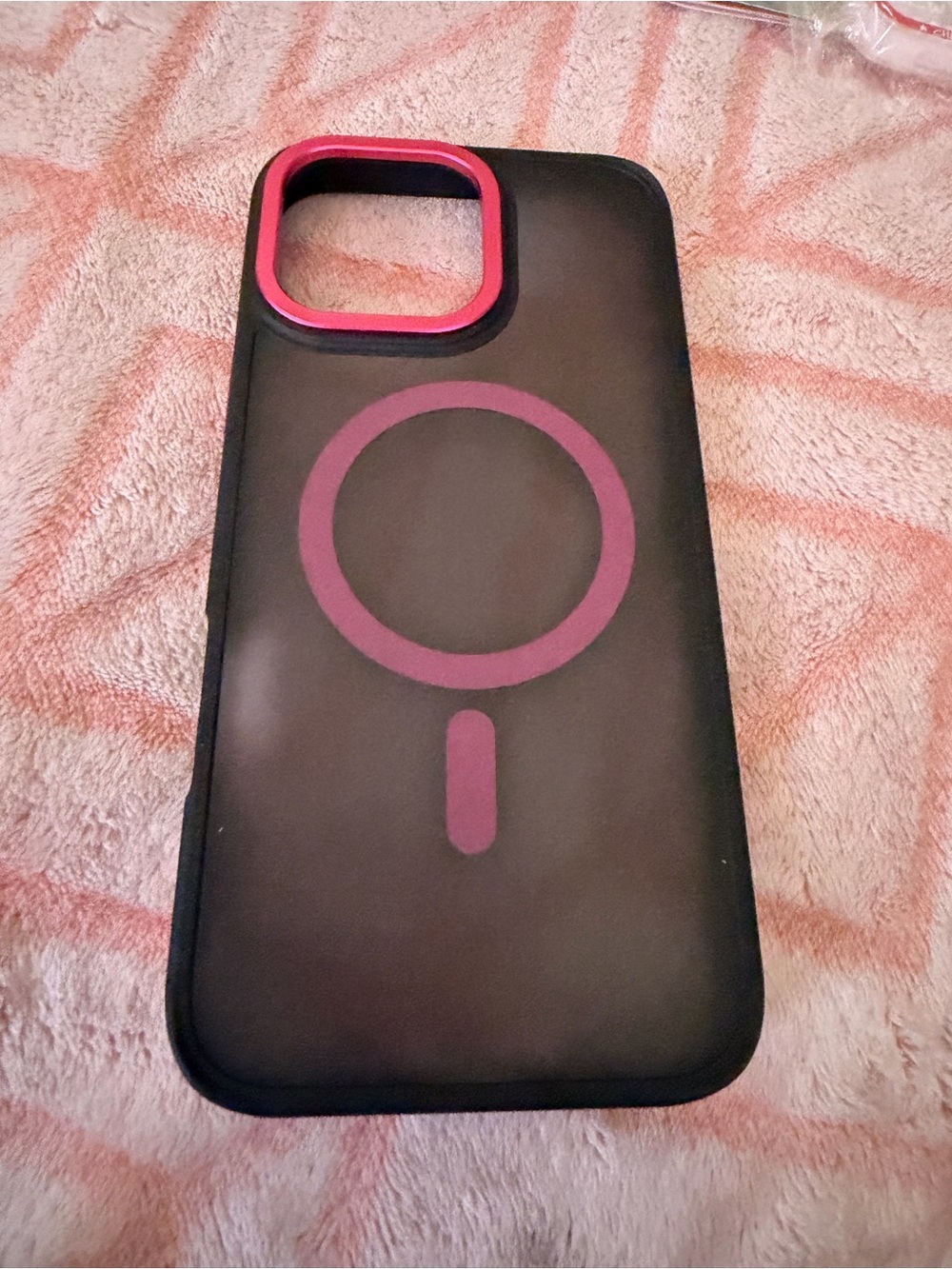 MagSafe-Style Black Phone Case with Pink Accent Ring. Fits IPhone 16 pro max